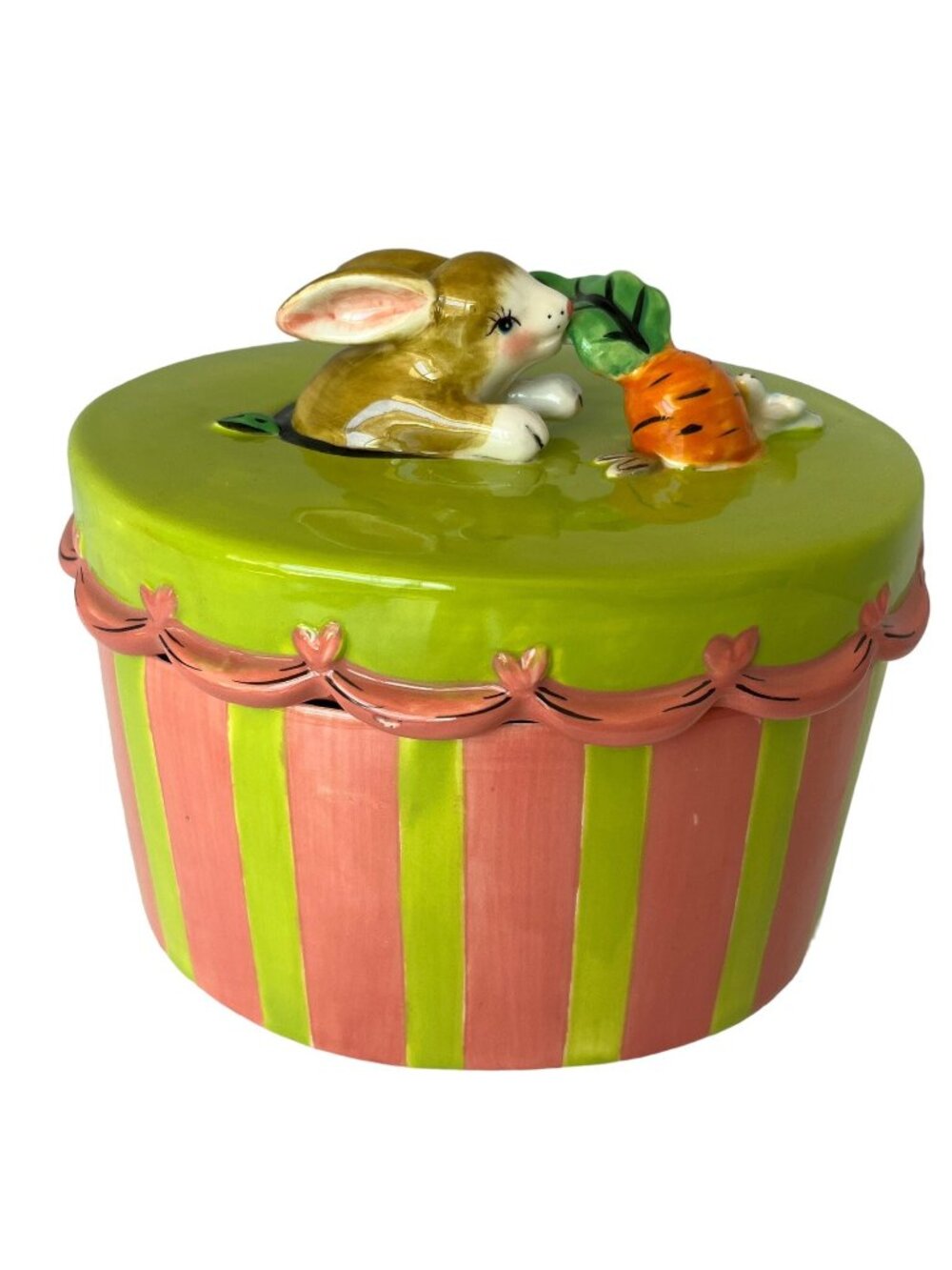 Harry and David Bunny Rabbit Carrot Cookie Jar Cannister Pink Green Easter Decor
